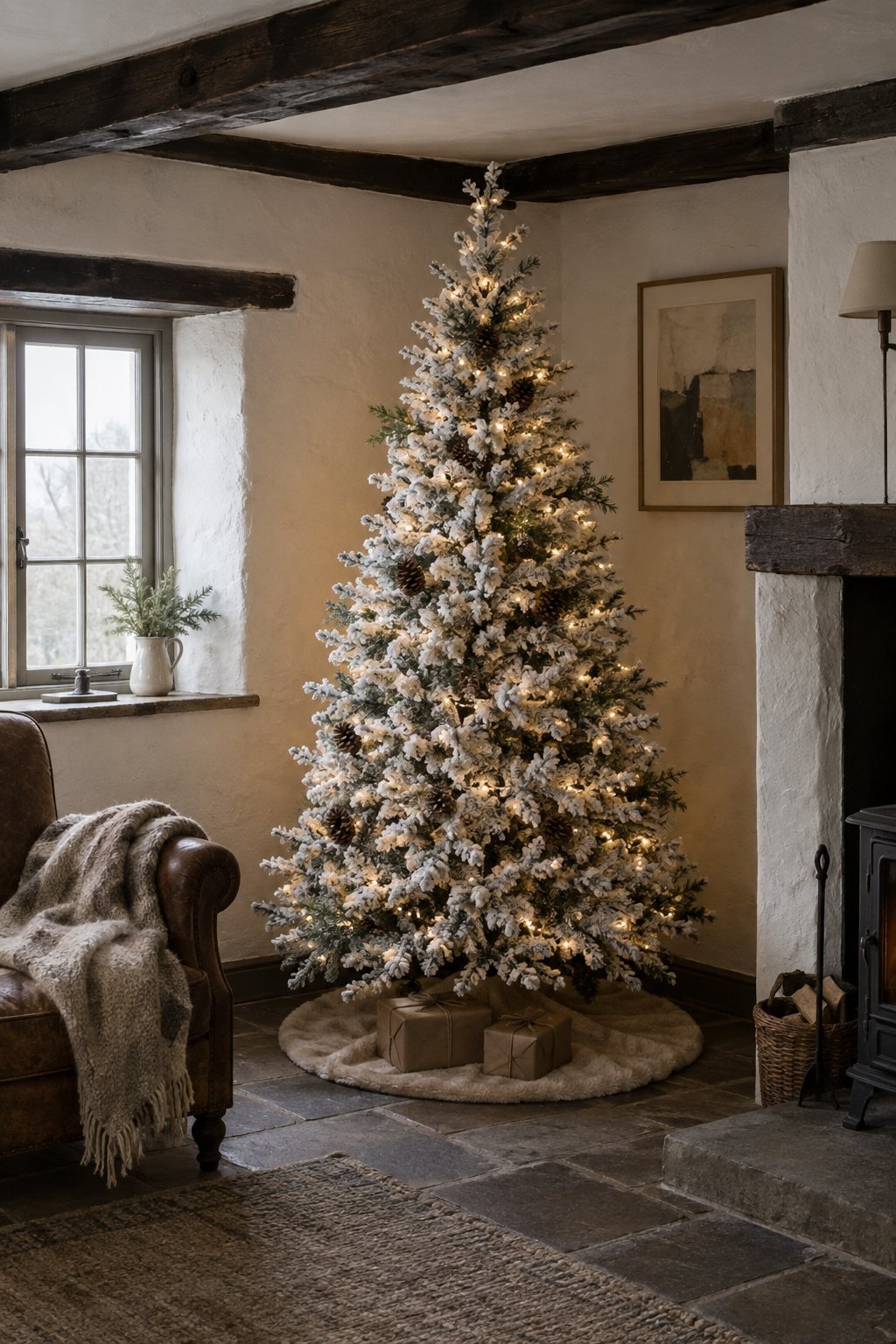 Flocked Christmas tree in a cottage sitting room with frosted pinecone stems, warm white lights and a beige faux fur tree skirt