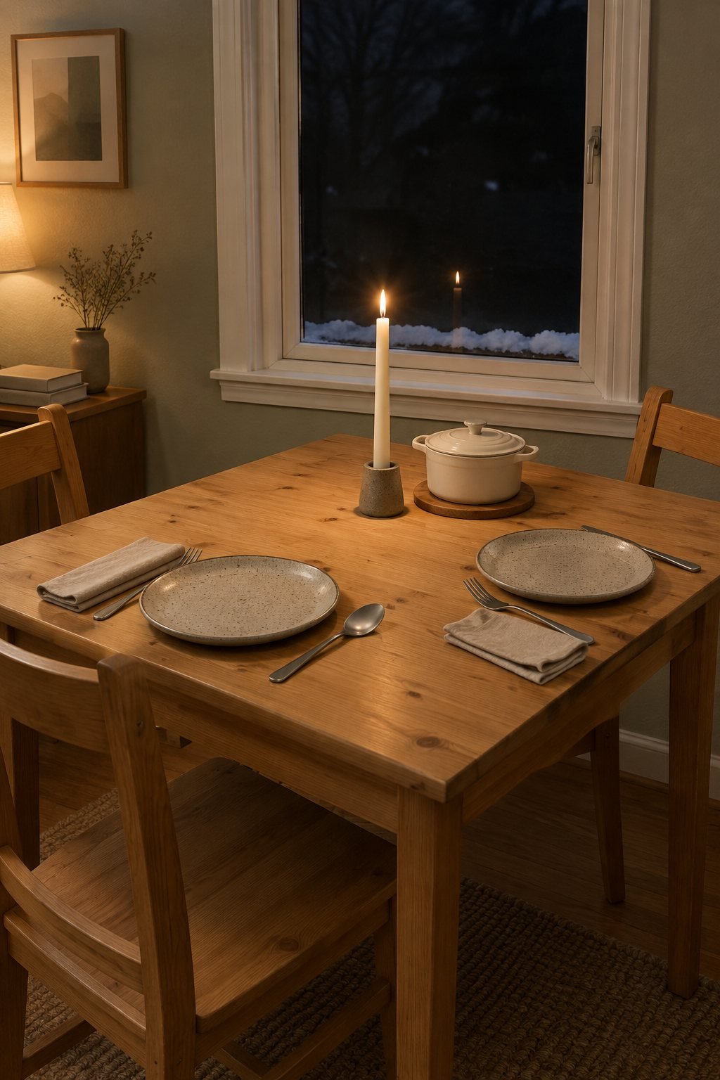 Hygge decor for a weeknight dinner: a small table set for two with stoneware plates, linen napkins and one lit ivory taper candle, snow on the dark window sill