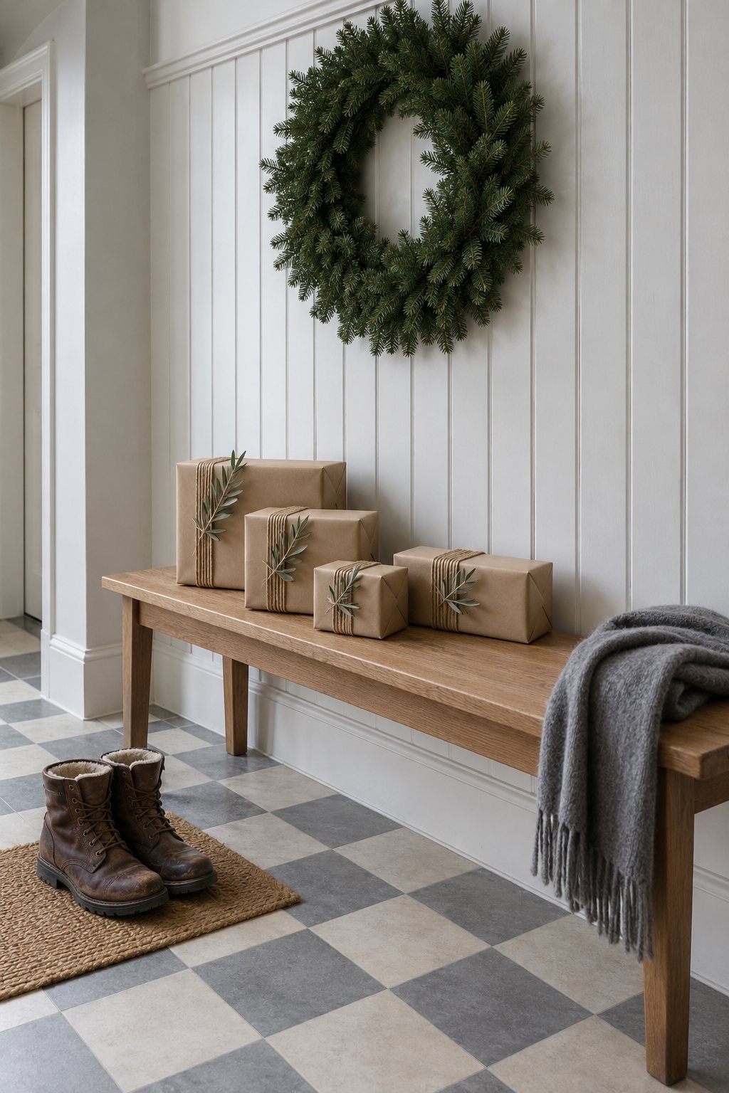 Brown paper Christmas gifts with an off centre band of wound jute twine and an olive sprig, stacked on an entryway bench under a wreath