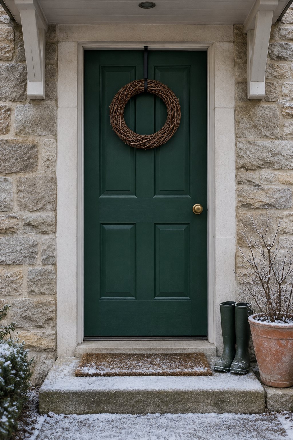 Plain 20 inch grapevine wreath with no bow on a deep green front door, frost on the coir doormat, simple winter decor for January