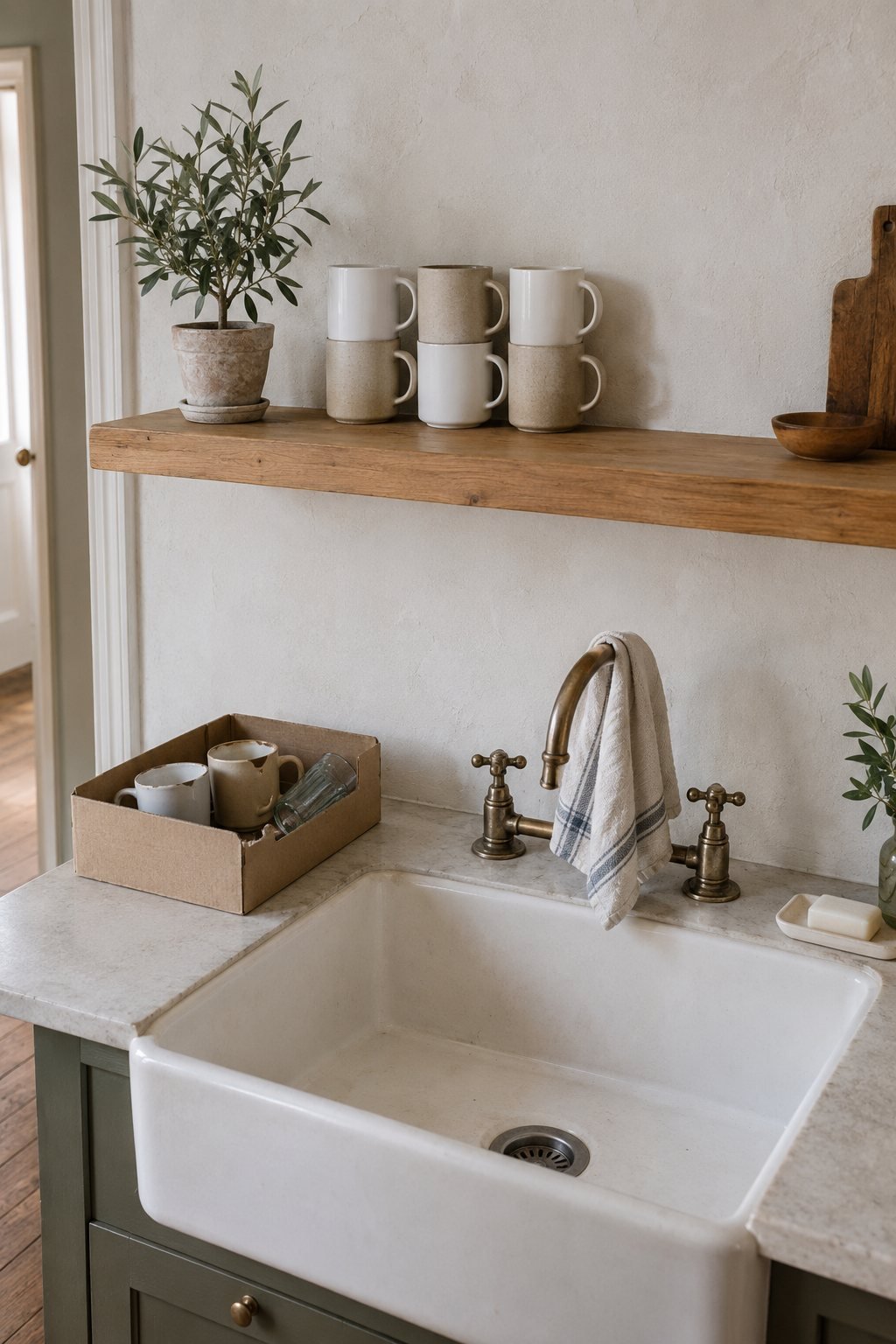 An open wood shelf above a sink with a tidy stack of plain mugs and a small box of leftovers on the counter in bright afternoon light