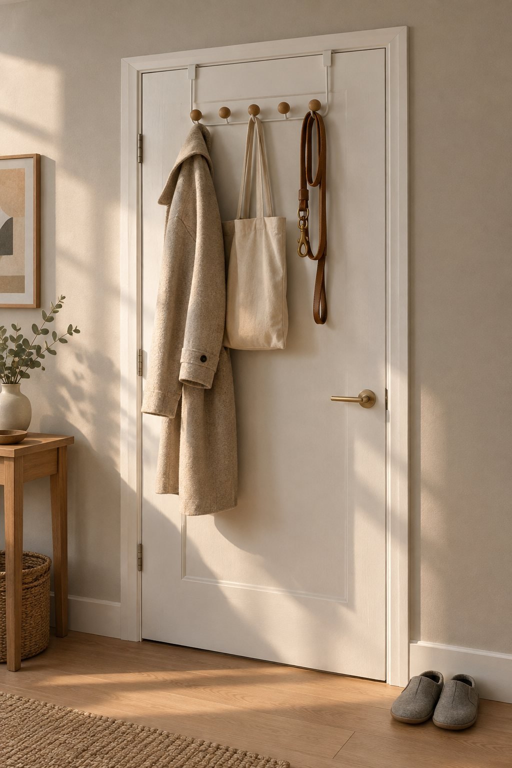 Entryway organization with a white over-the-door rack of five wooden knob hooks holding a coat, a tote bag and a dog lead on a front door