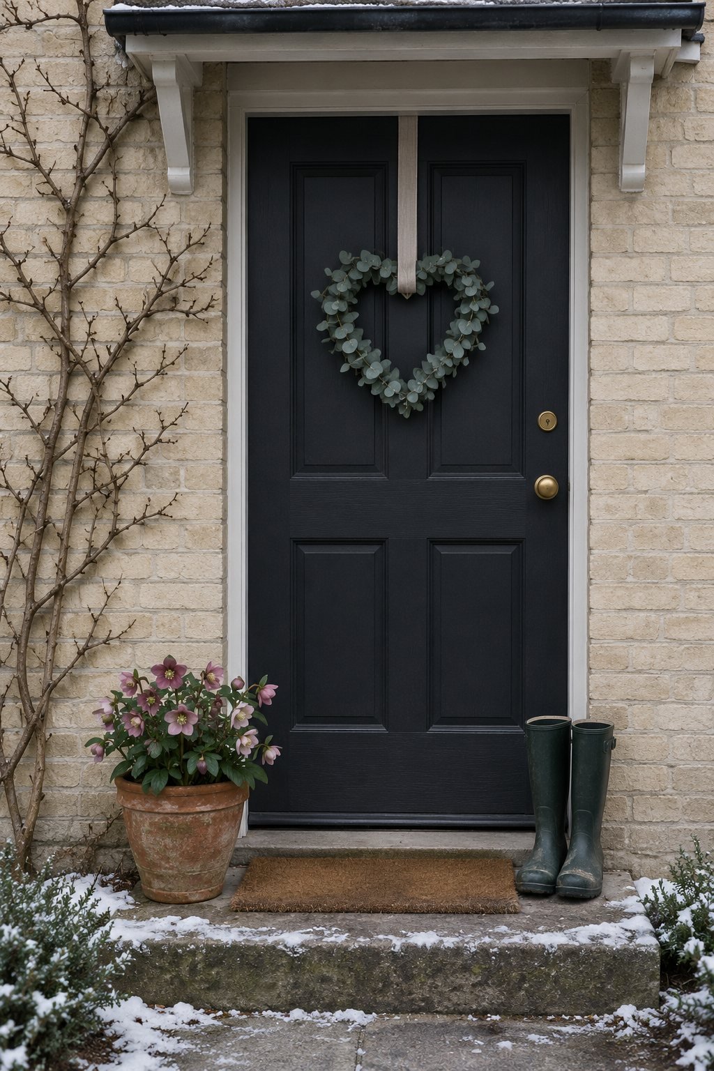 Valentines decor on a soft black front door with a heart-shaped eucalyptus wreath, an oat linen ribbon and a woven doormat on a winter morning