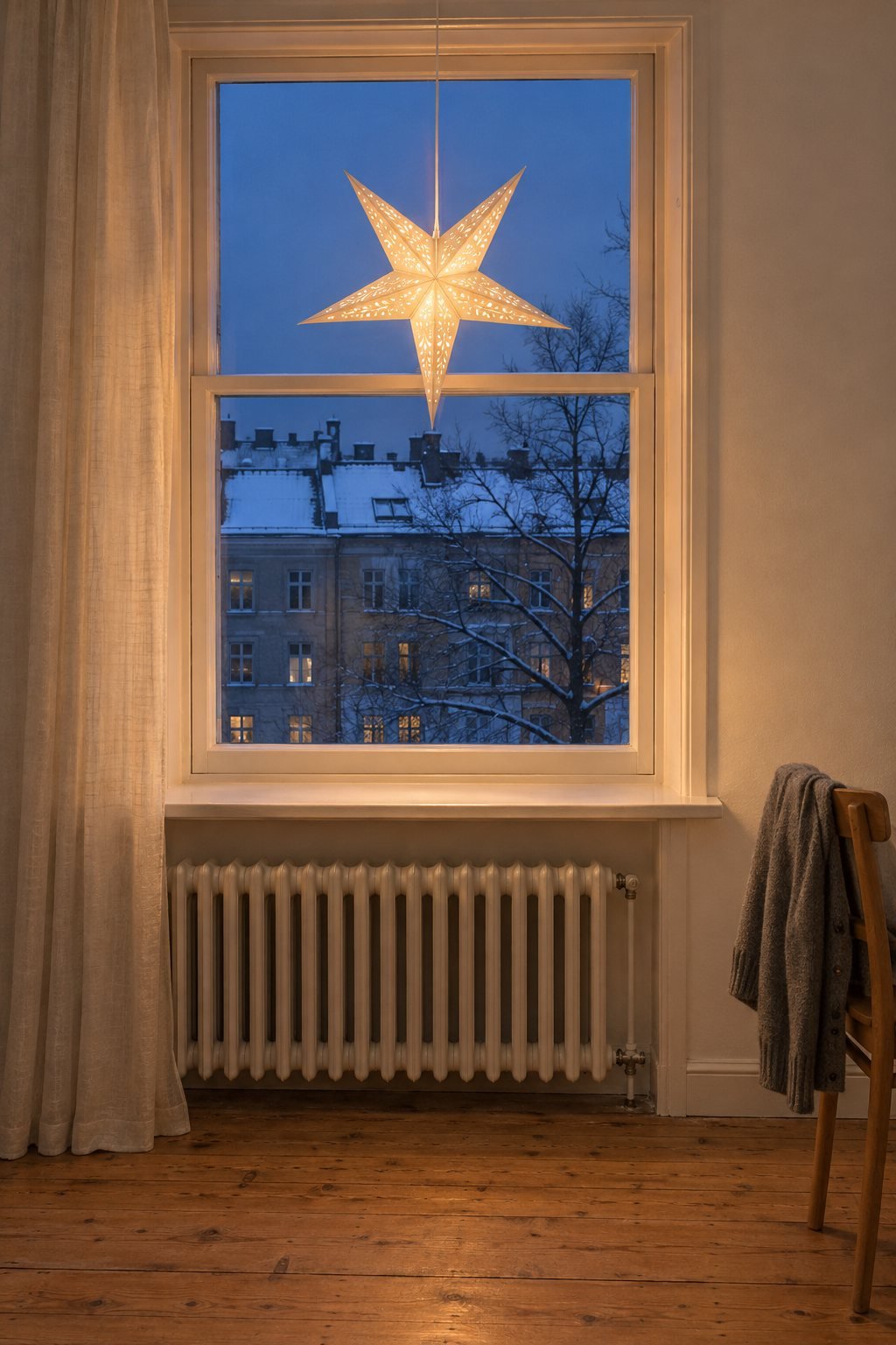 Simple Christmas decor with one large white paper star lantern glowing in a sash window at dusk above a bare windowsill and a radiator