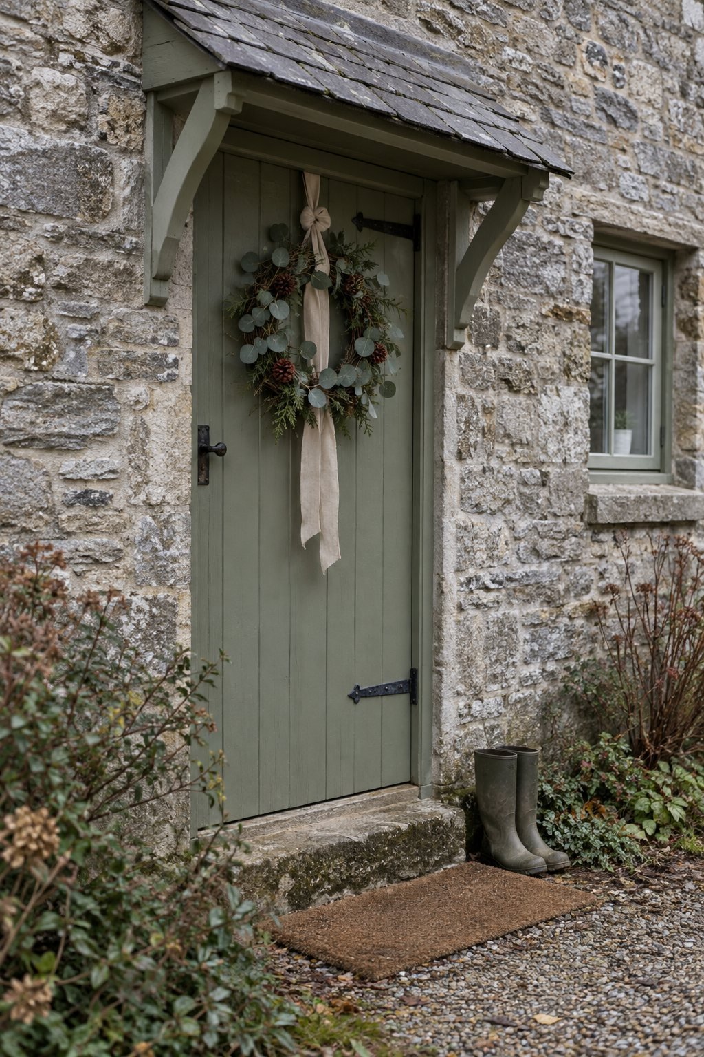 Preserved eucalyptus, cedar and pinecone Christmas wreath with a long natural linen sash on a sage green cottage front door