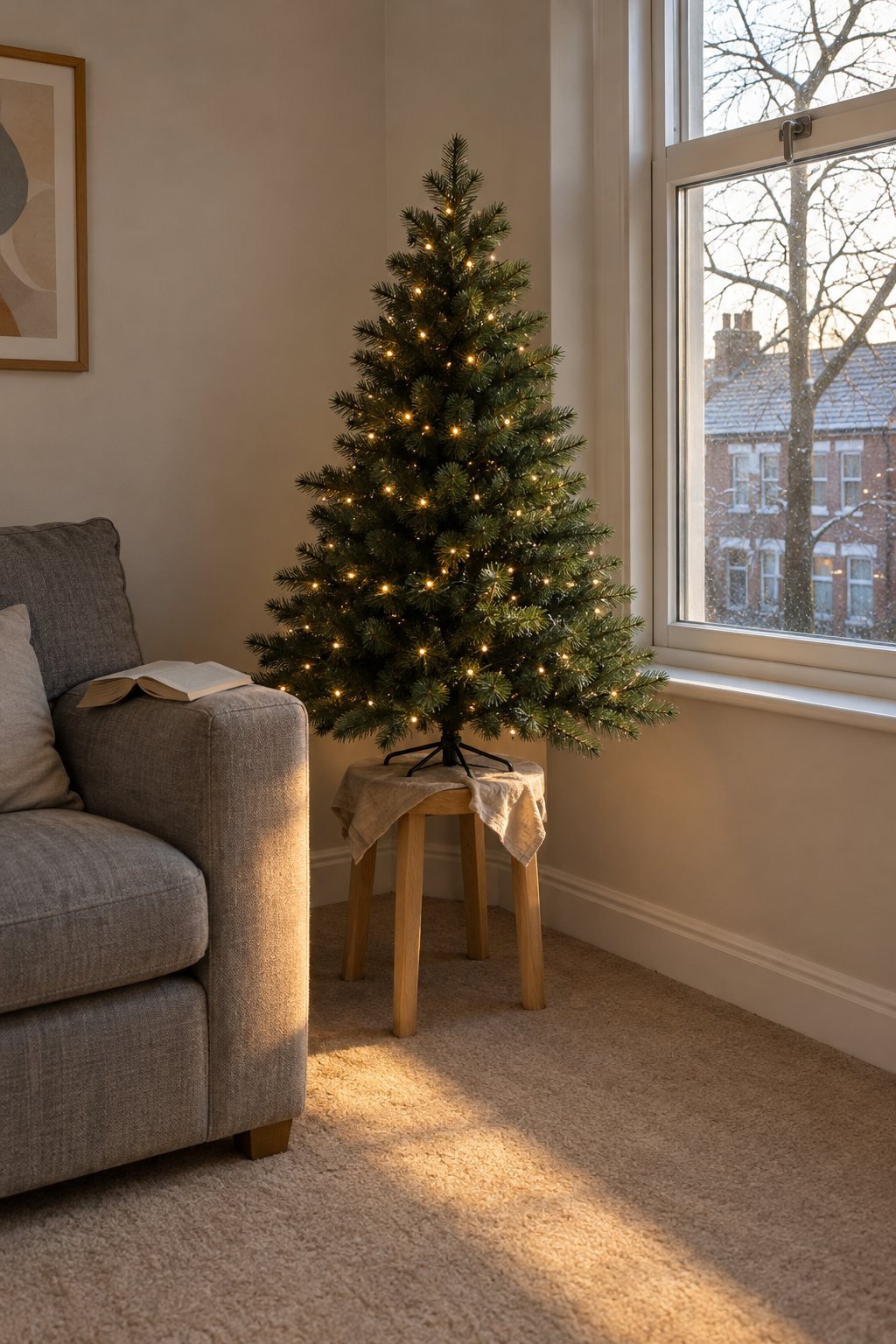 Small pre-lit Christmas tree raised on a round wooden stool beside a sofa arm and a window in a small apartment living room