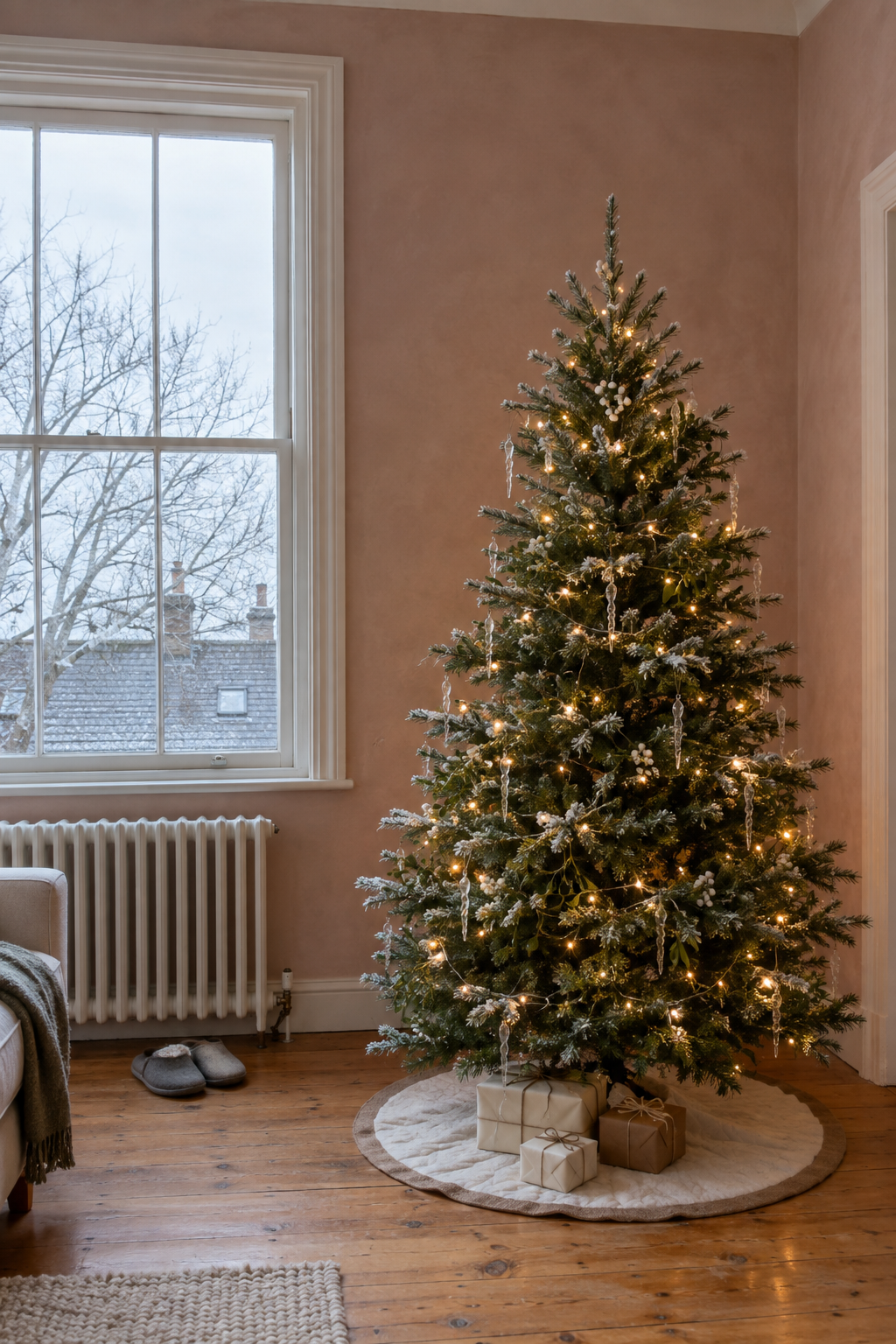 Snow-tipped green Christmas tree in a rental living room with white berry stems, clear glass icicle ornaments, warm white lights and a white quilted tree skirt with burlap trim