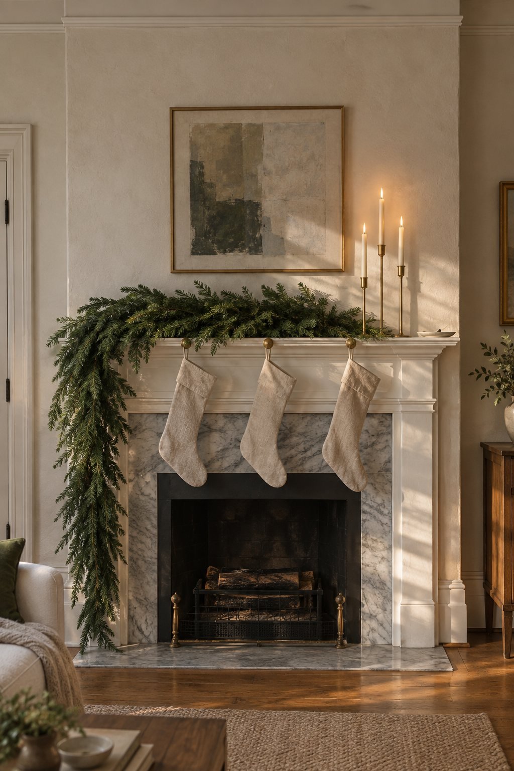 Christmas mantel decor idea with Norfolk pine garland swagged to one side, three brass taper candle holders and stockings on round brass stocking holders