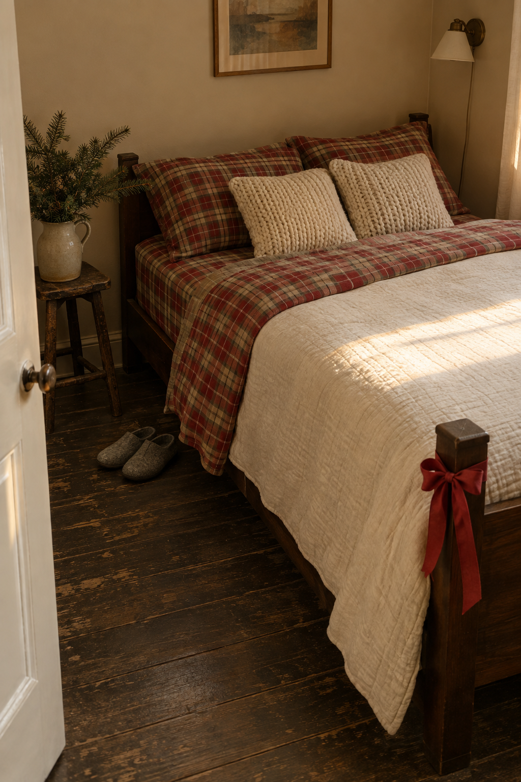 Cozy Christmas bedroom with red and khaki plaid flannel sheets turned back over a cream quilt and two chunky ivory hand knit pillows on a walnut bed
