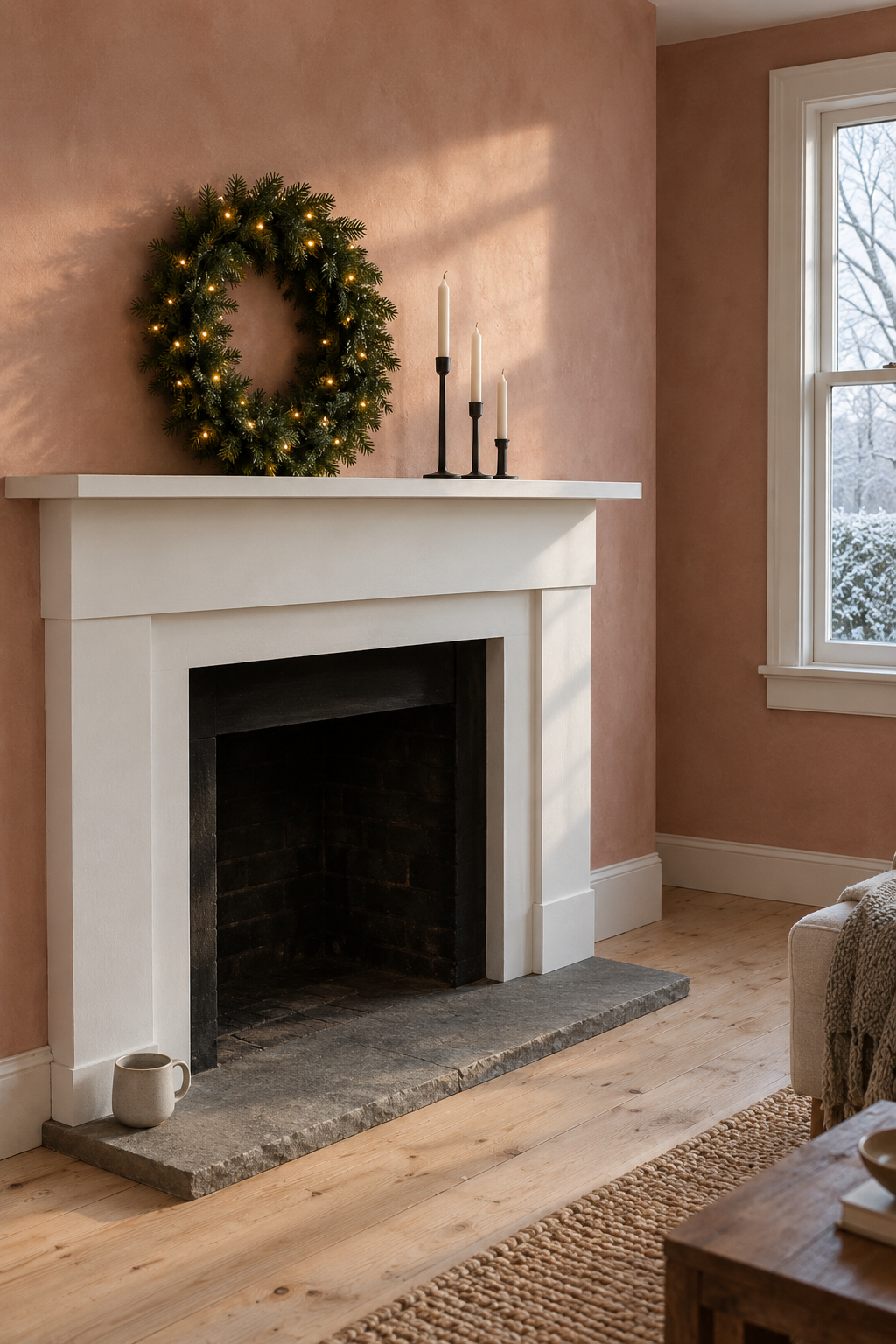 Christmas mantle idea for renters: a lit 24 inch Fraser fir wreath leaning against the wall on a white mantel, with three matte black candlesticks and ivory tapers beside it
