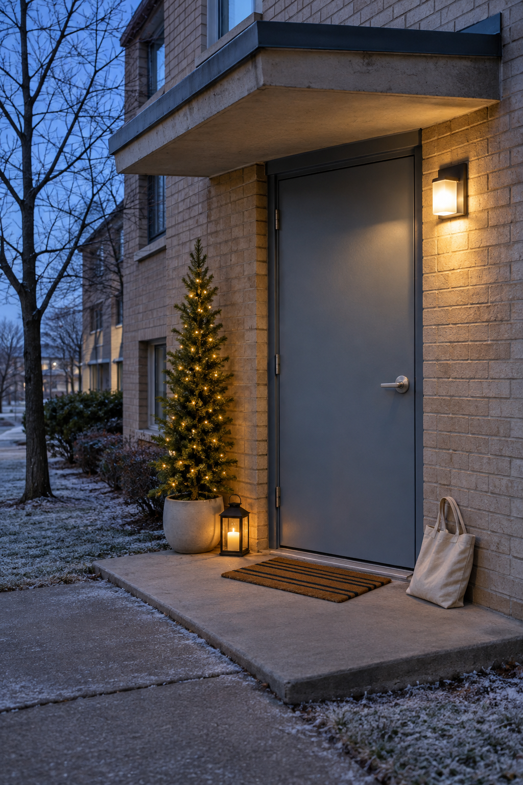 Christmas porch decor for an apartment entry: a slim lit 4 foot spruce in a ceramic pot beside the door, a small black cordless lantern and a striped coir doormat under a shallow canopy at dusk