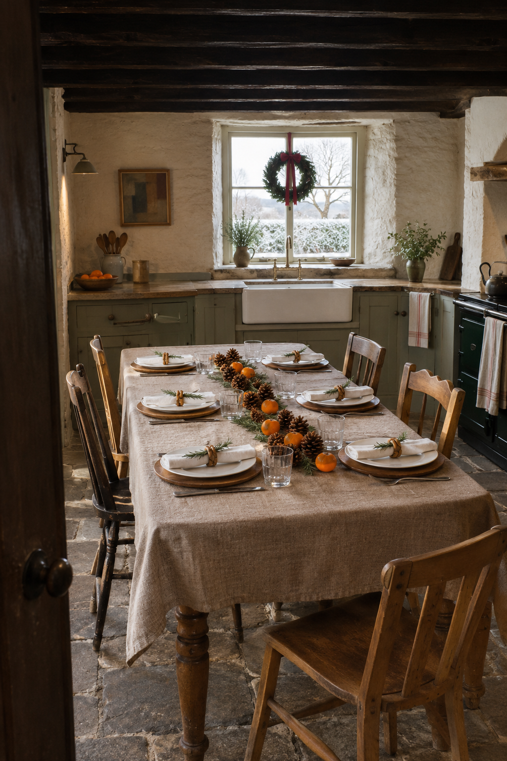 Christmas table decor in a cottage kitchen with a natural flax linen tablecloth, round acacia wood chargers, ivory napkins in interlocked wooden napkin rings with rosemary, pinecones and clementines