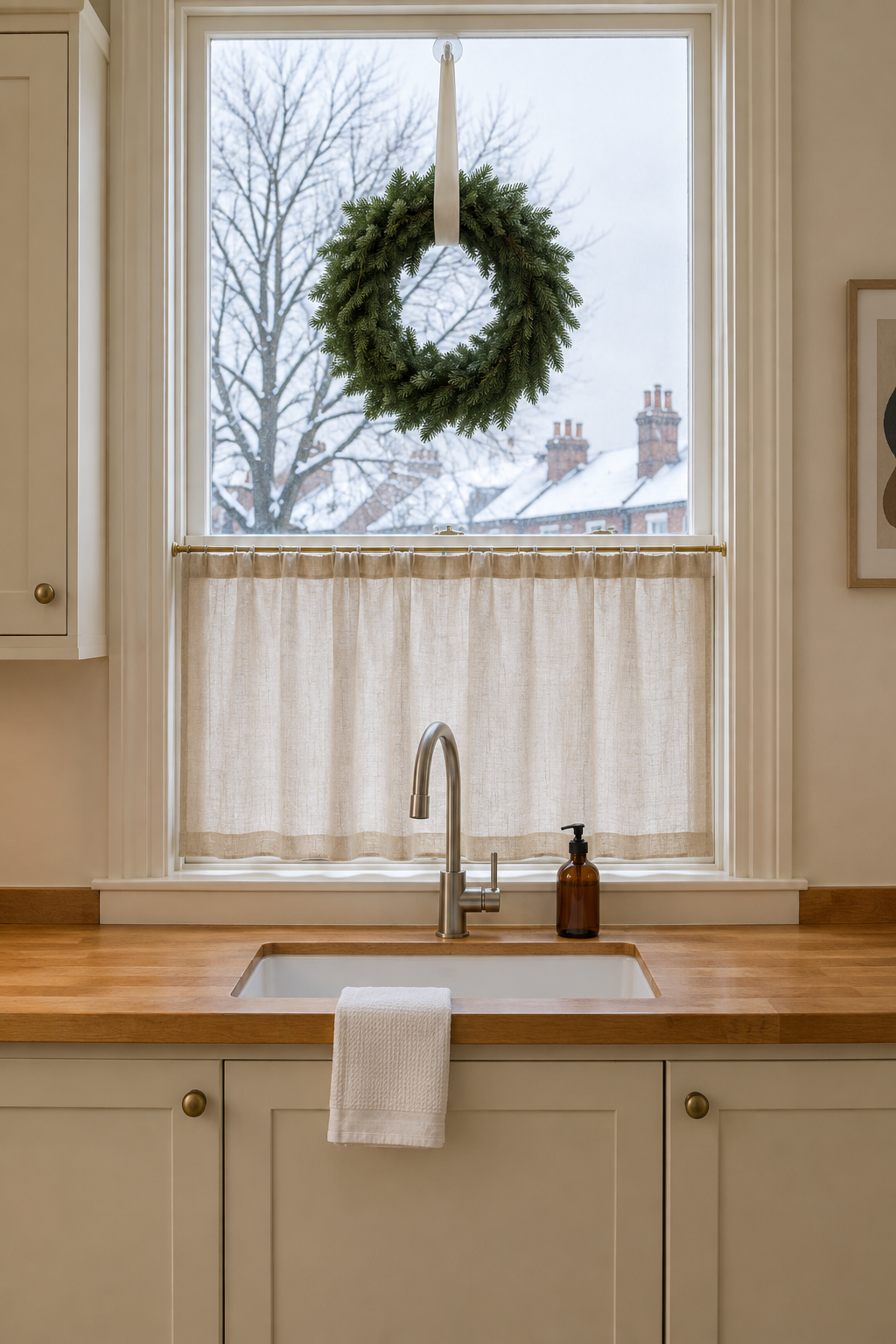 Kitchen Christmas decorations with one plain green pine wreath hung on the window over the sink from a long ribbon, a linen cafe curtain, cream cabinets and a butcher block counter