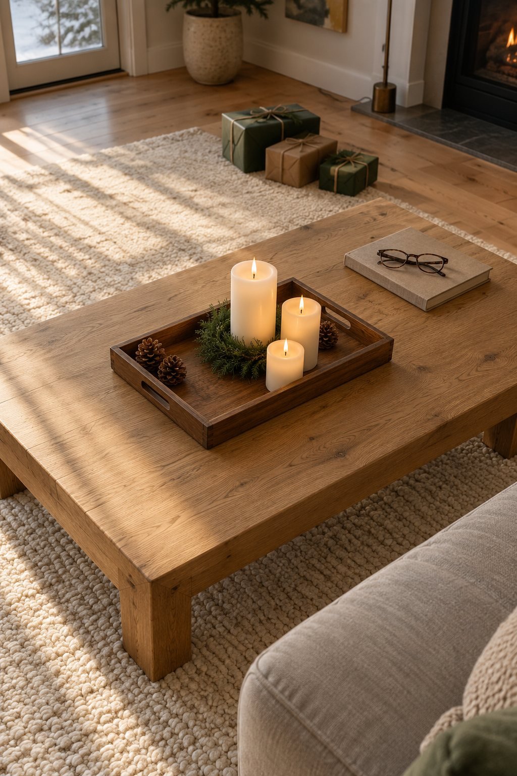 Christmas coffee table decor in a living room: an acacia wood tray with three lit ivory flameless pillar candles, a faux cedar candle ring and pinecones