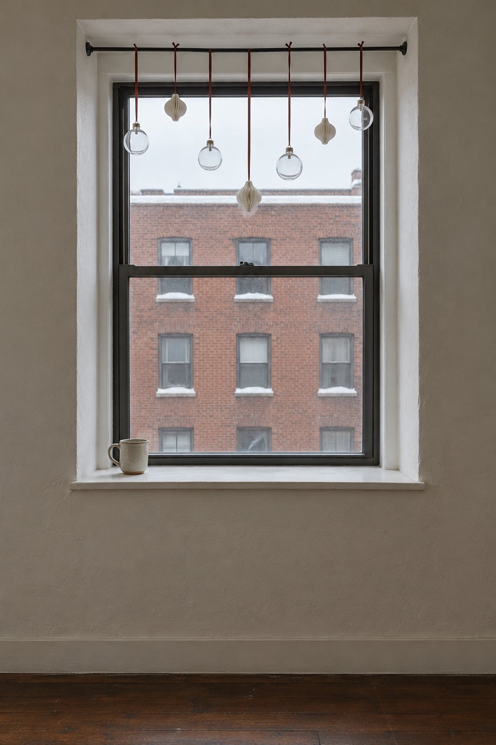 Small apartment window decorated for Christmas with clear glass and white paper ornaments hanging on rust ribbons from a black tension rod set inside the window frame