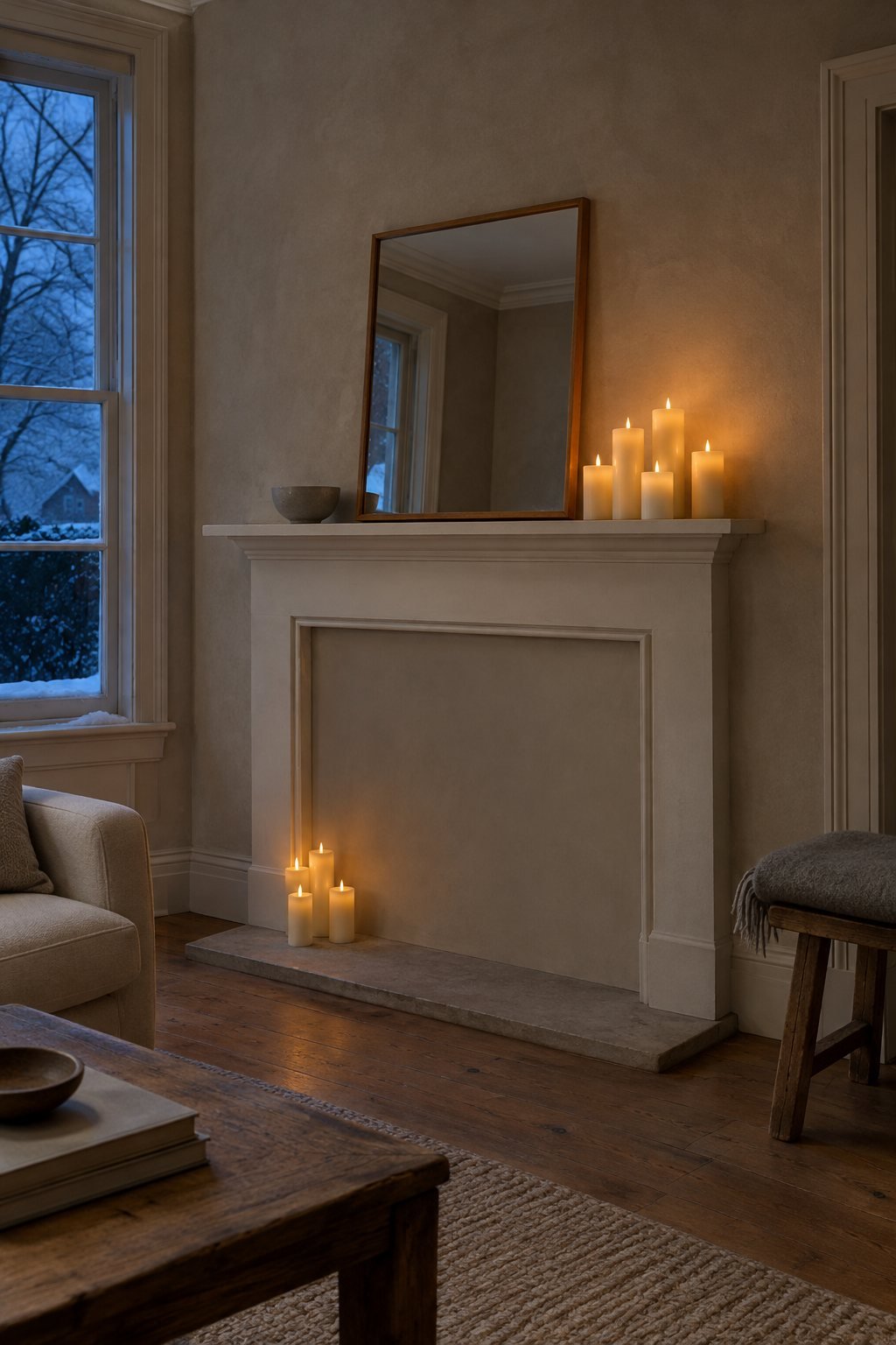 Ivory flameless pillar candles in mixed heights grouped at one end of a cleared painted mantel at blue dusk, greige plaster wall, winter decor with nothing festive