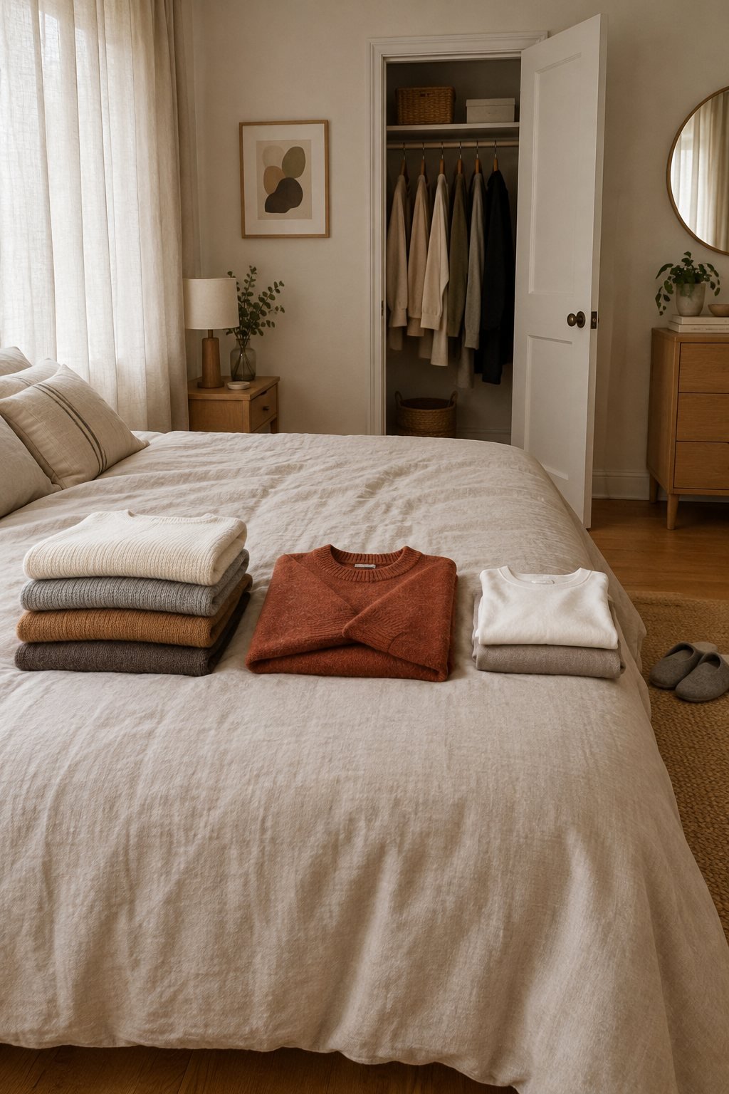 Declutter clothes with one question: folded knits sorted into two stacks on a made linen bed with one sweater alone in the middle and the closet open behind