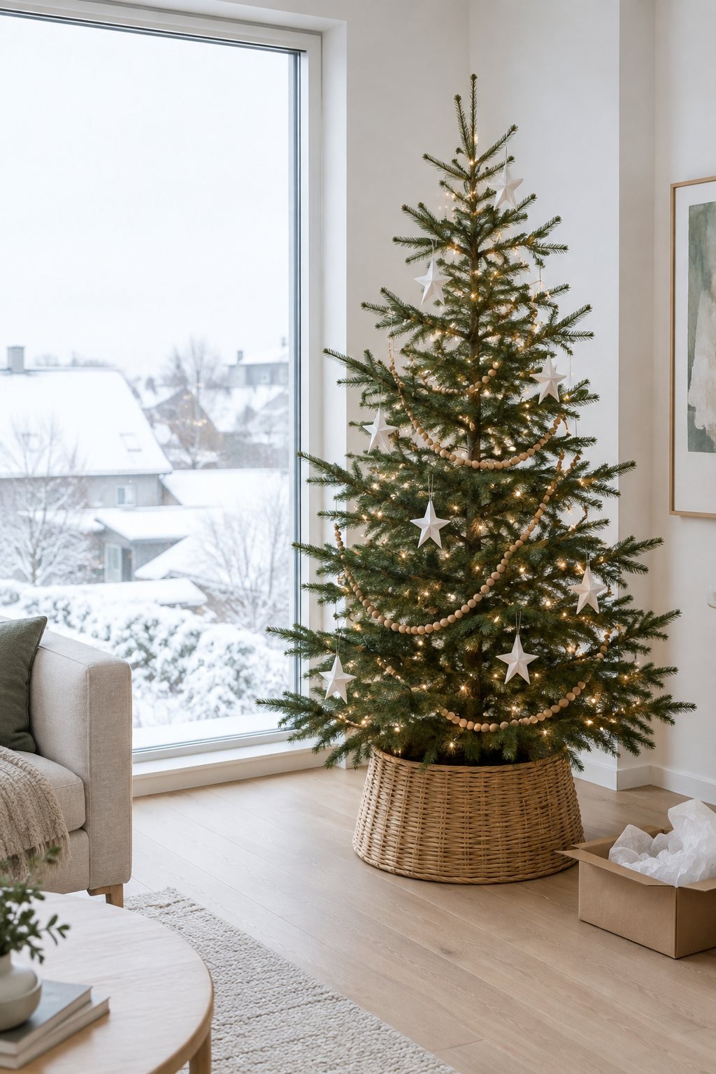 Slim sparse Christmas tree in a natural rattan tree collar with a wood bead garland, white paper stars and warm white lights by a living room window