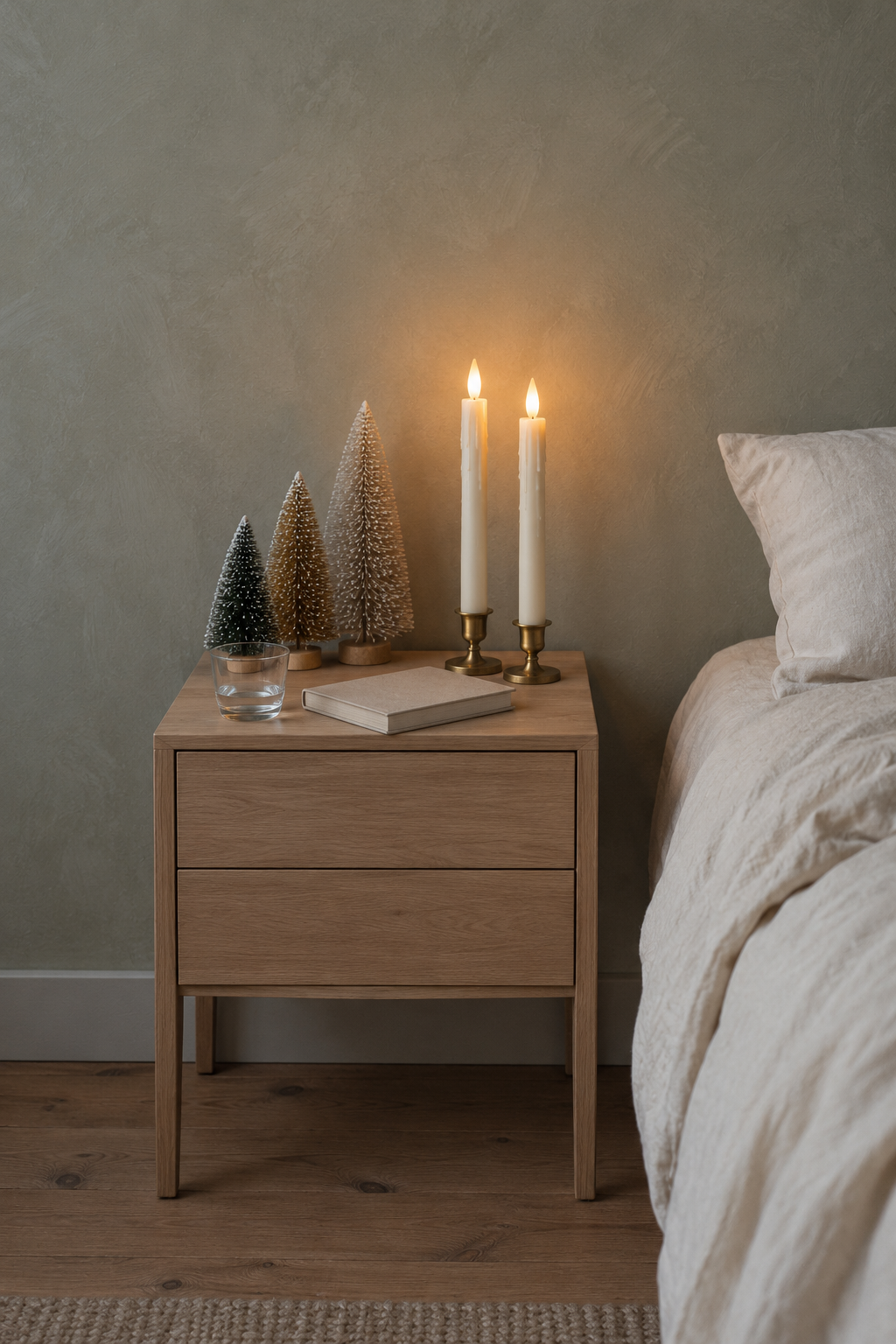 Christmas bedroom nightstand with three bottlebrush trees in graded sizes and two glowing flameless taper candles in antique brass holders beside a low bed