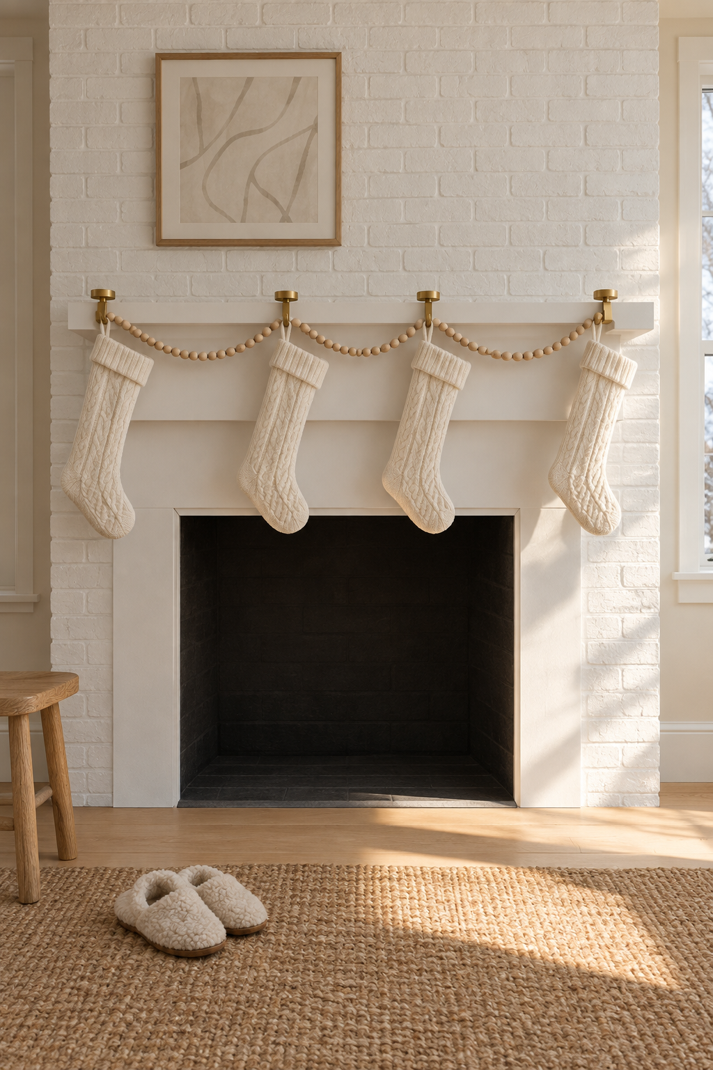 Christmas mantle with four ivory cable knit stockings on gold weighted stocking holders and a natural wood bead garland in two swags along a white mantel, no greenery