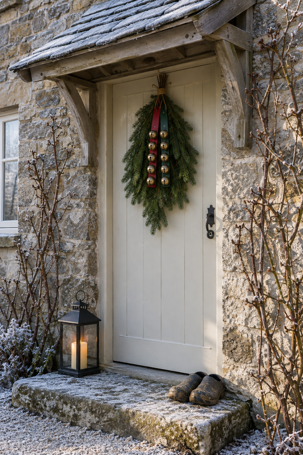 Christmas porch decor on a stone cottage: red and green sleigh bell straps hung over cut pine on a cream door, a matte black lantern with a flameless candle on the step, frost on the path
