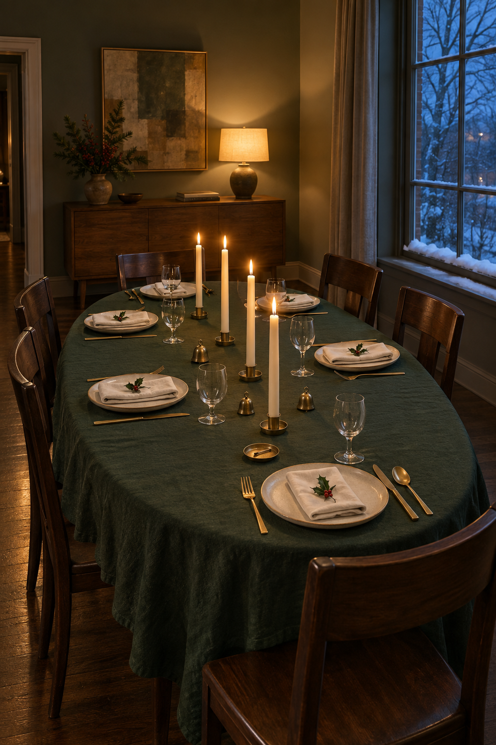 Christmas table decor with a deep pine green linen tablecloth, matte cream stoneware plates, polished brass flatware, lit ivory taper candles and holly on an oval dining table at night