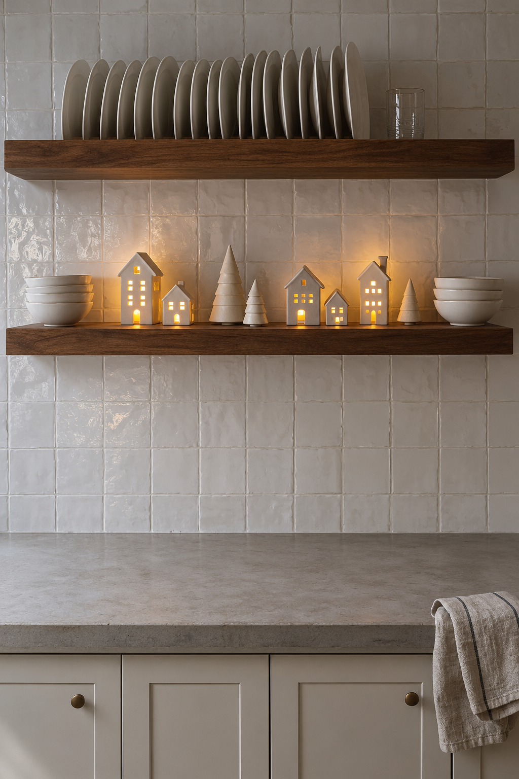 Christmas kitchen open shelves in walnut on white zellige tile with five glowing white ceramic village houses and small trees between stacked white bowls, counter clear below
