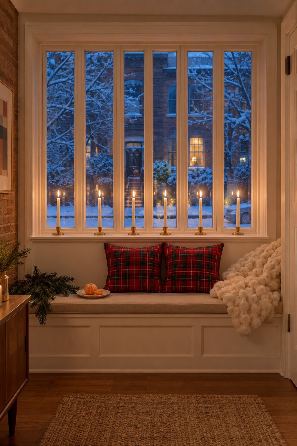 Christmas window seat in a living room at dusk: a row of lit ivory window candles on the sill, red tartan pillows and a cream faux fur throw