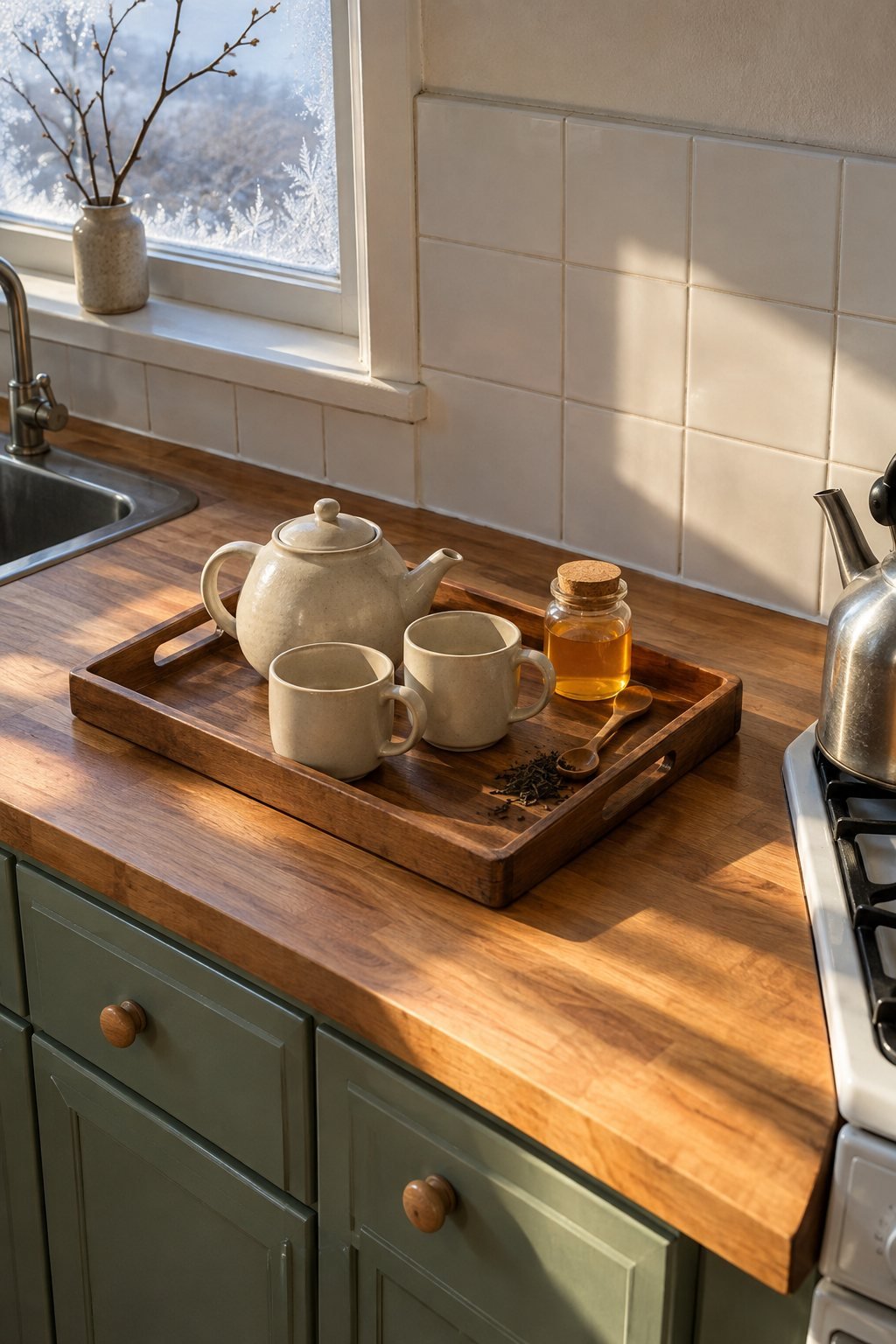 Hygge living in a small kitchen: a wooden tray with handles holding a stoneware teapot, two plain mugs, a jar of honey and a spoon on a butcher-block counter, frost on the window