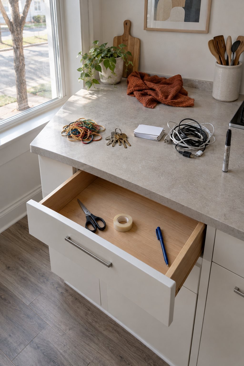 A rental kitchen with one drawer pulled open and sorted piles on the counter in side light from a window on the left