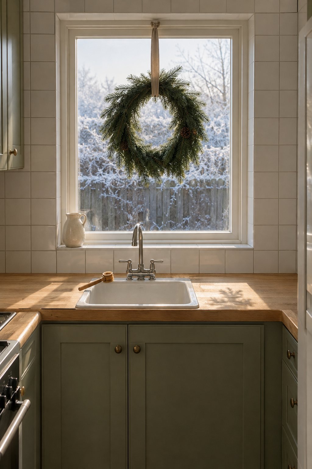 Minimalist Christmas kitchen with a plain green pine wreath on linen tape in the window over the sink, white tile and a butcher block counter