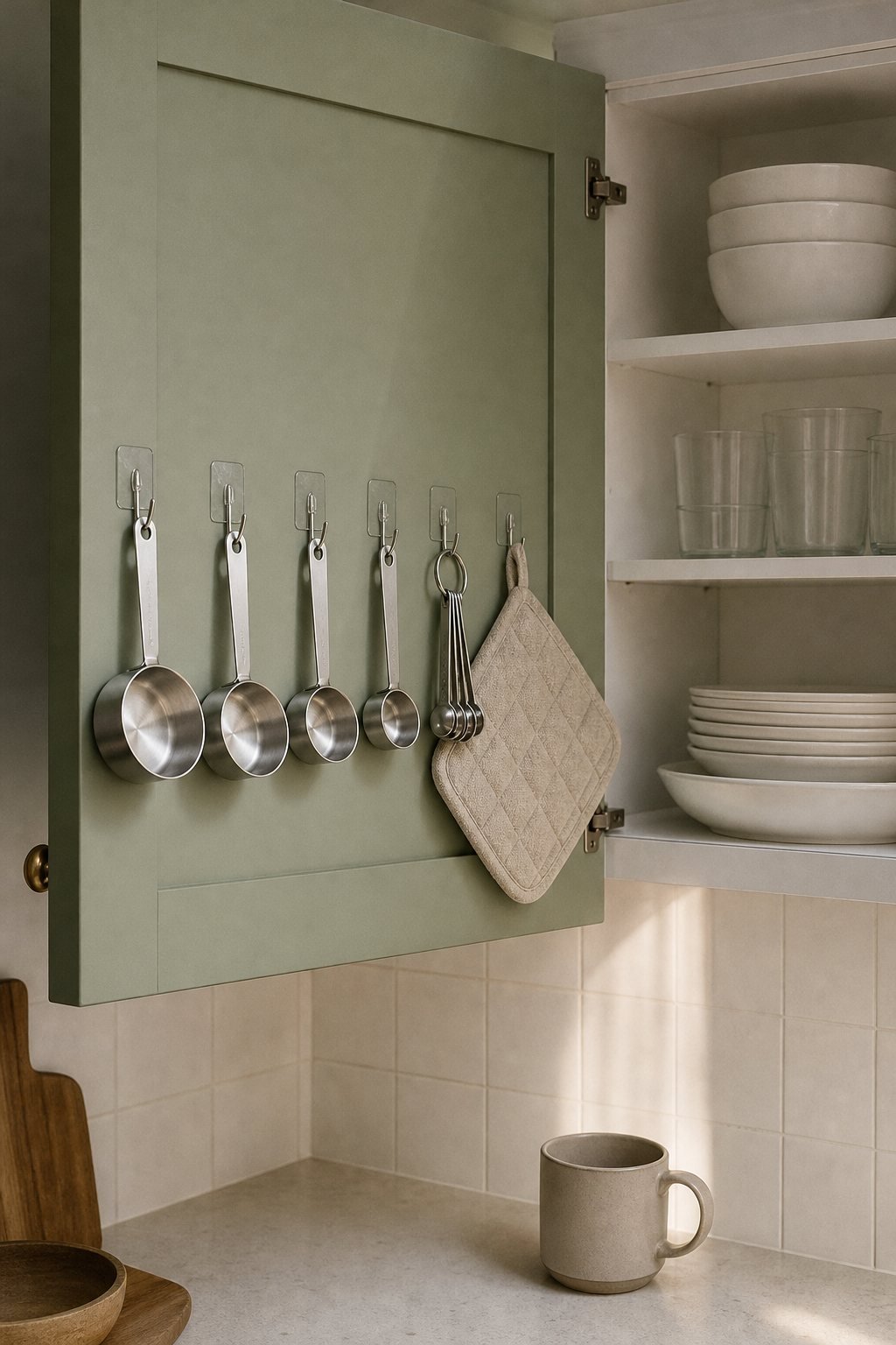 Small clear adhesive hooks holding measuring cups and spoons inside a sage green kitchen cabinet door