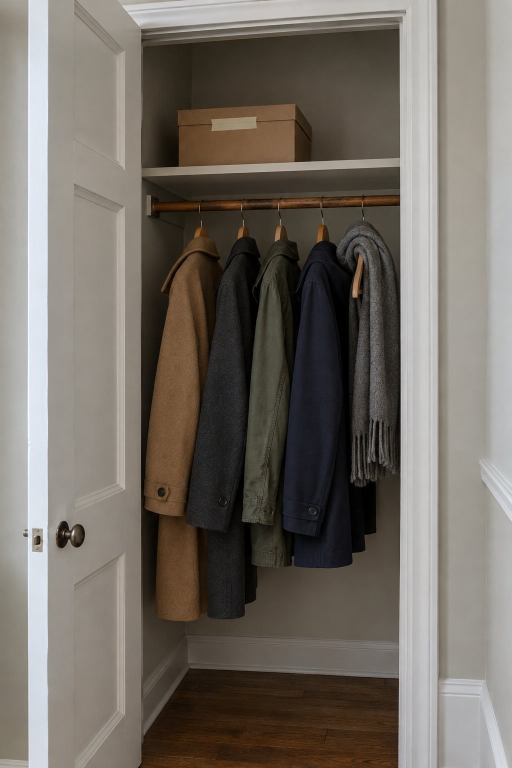 Decluttering ideas: a plain closed cardboard holding box with a strip of masking tape on the top shelf of a hallway closet above a row of coats