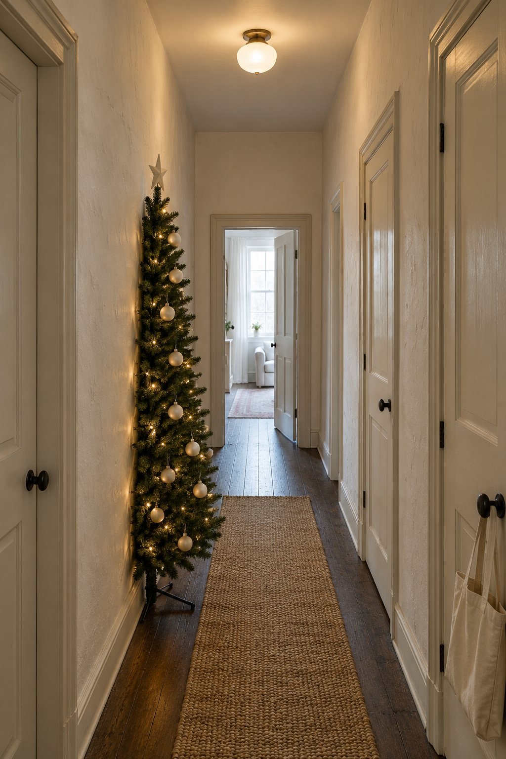 Slim Christmas tree idea for a narrow hallway: a flat-back half tree with warm white lights and ivory baubles standing flush against the wall beside a jute runner