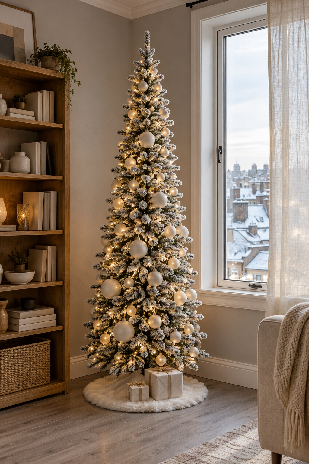 Small Christmas tree idea for an apartment: slim flocked pre-lit pencil tree with cream velvet ball ornaments and a small white faux fur tree skirt beside a bookcase