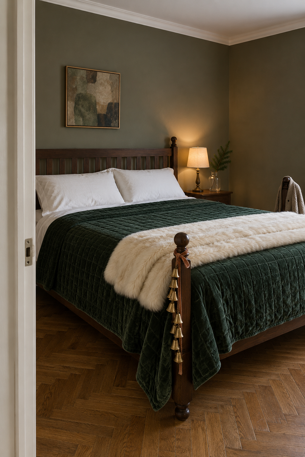 Christmas bedroom decor in a dark room: evergreen velvet quilt, ivory faux fur throw across the foot of the bed and gold bells on a velvet ribbon tied to the bedpost