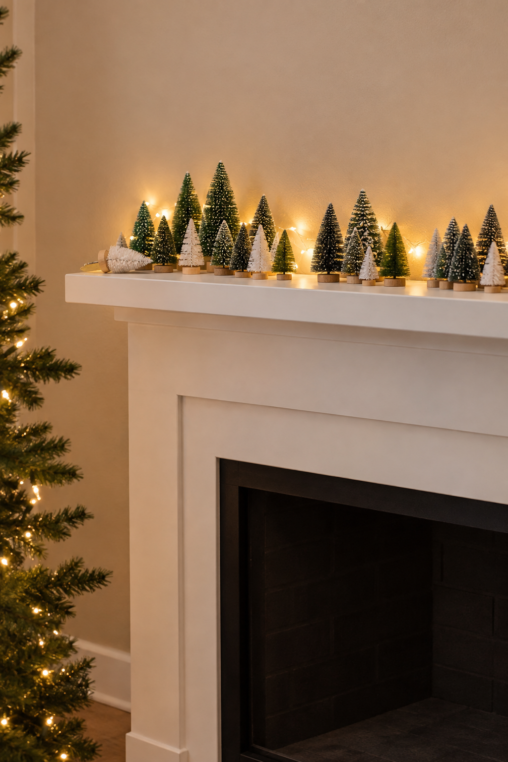 Christmas mantle decor with a long row of small bottle brush trees in two greens and white on wooden bases, warm micro lights glowing behind them on a white mantel