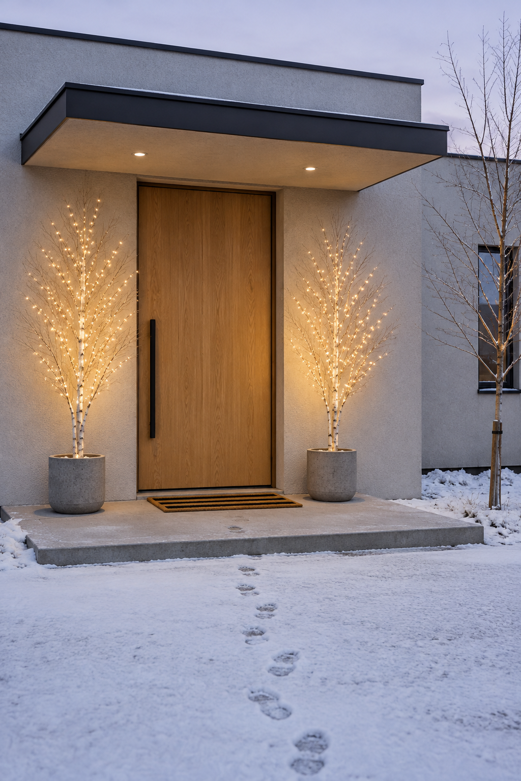Modern Christmas porch decor: two 6 foot lit white birch twig trees in gray concrete planters beside a wide oak door, a natural and black striped coir mat, thin snow at dawn