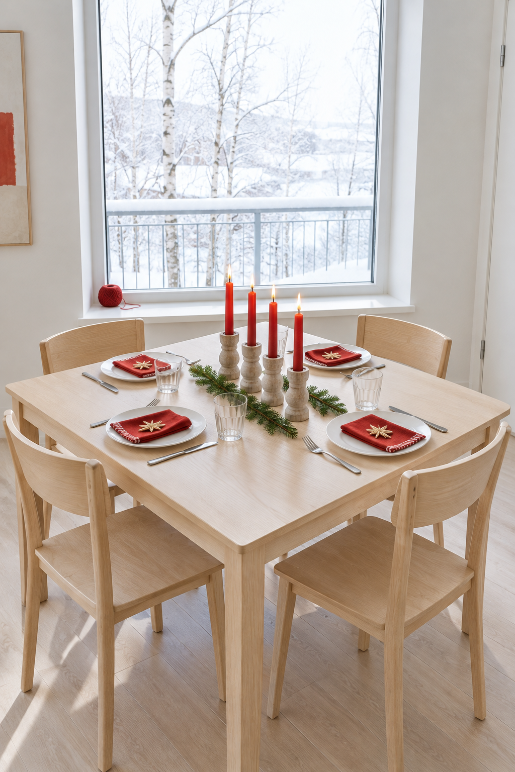 Scandinavian Christmas table decor with red cotton napkins with striped trim, white plates, red taper candles in wooden holders, straw stars and spruce on a bare pale wood table for four