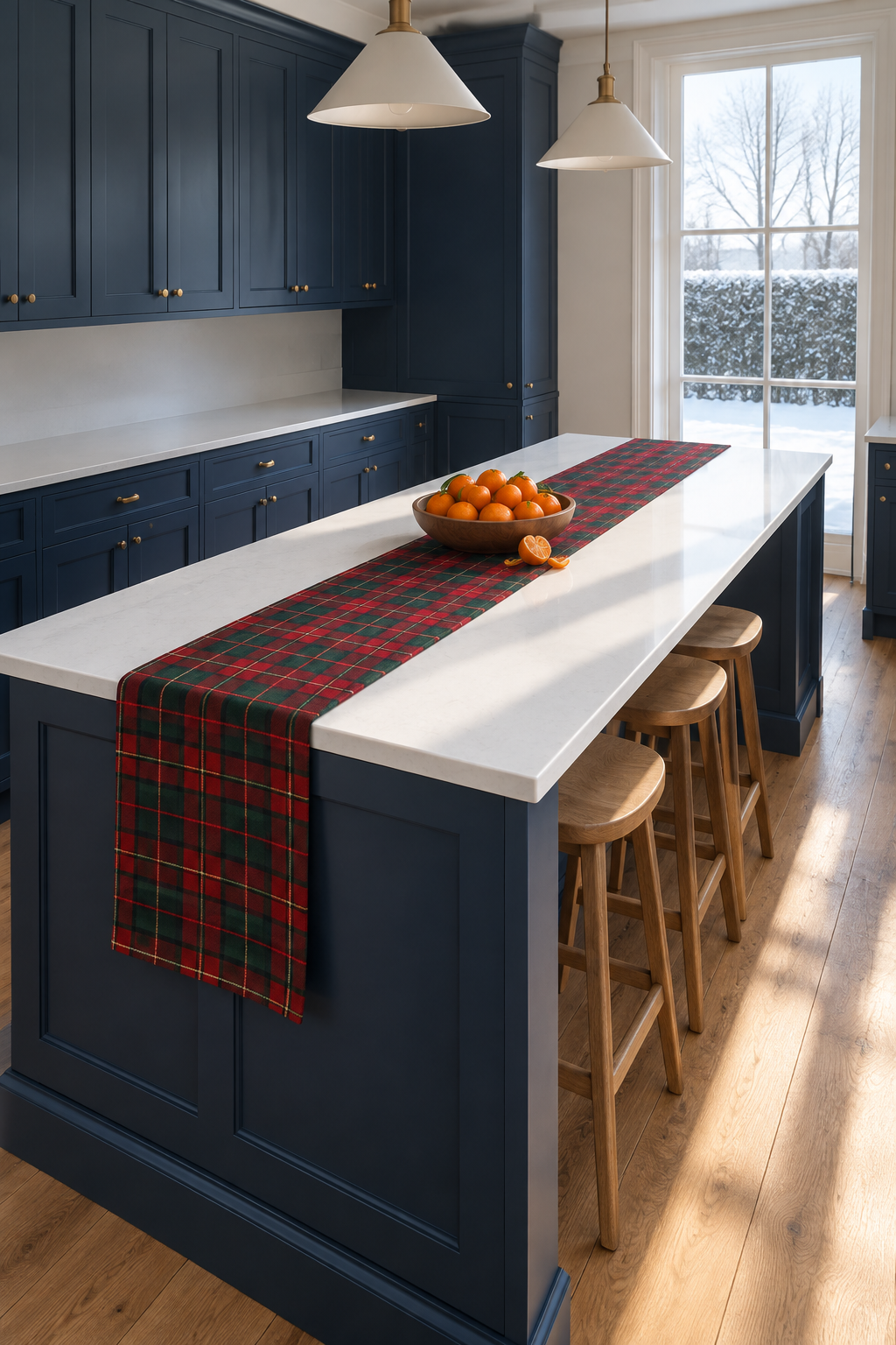 Christmas kitchen island decor with a red and green tartan cotton runner down the middle of a navy island with a white quartz top and one low bowl of clementines