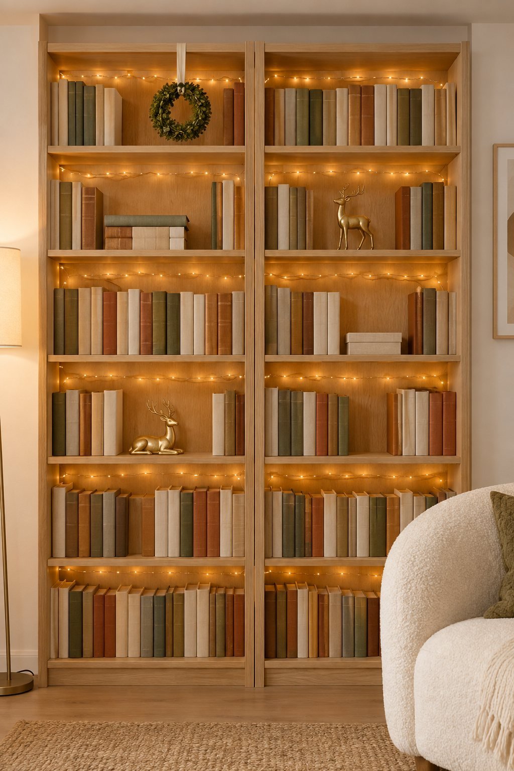 Christmas bookshelf wall in a living room: warm white fairy lights glowing along every shelf and two small gold reindeer figurines between the books