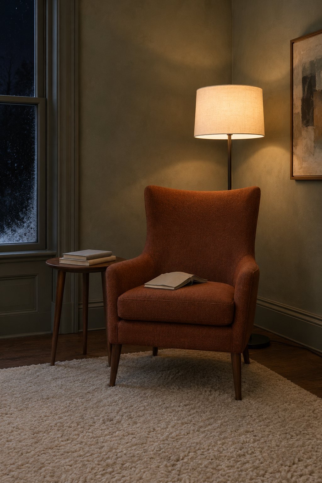 Hygge reading corner: an empty armchair under a floor lamp with a book lying face down on the seat and two more on a side table, no phone or screen in sight
