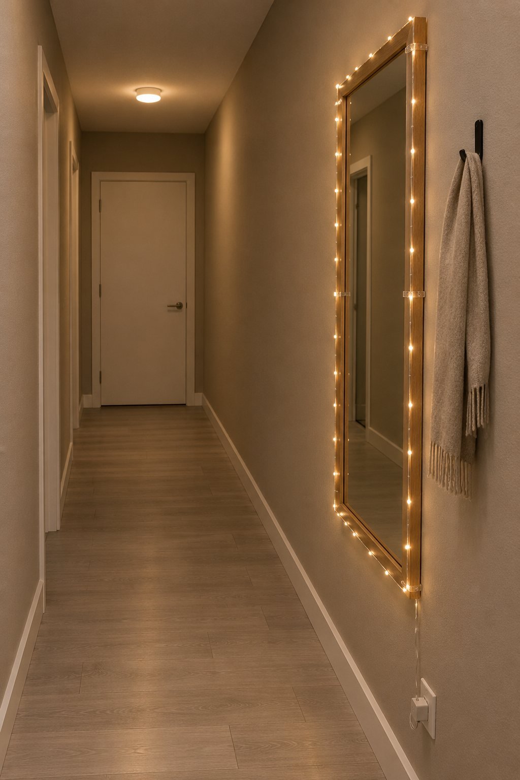 Narrow apartment hallway at Christmas with warm white string lights on clear wire outlining an oak framed wall mirror, the lights repeated in the reflection