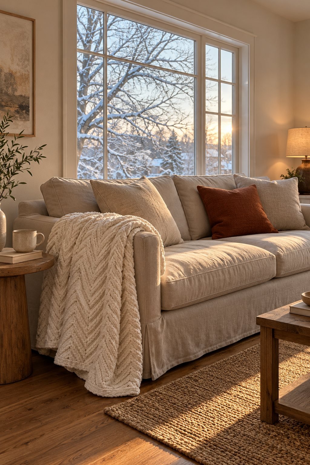 Ivory chevron knit throw folded over the arm of a linen slipcovered sofa in low winter sun, one rust wool pillow, bare tree outside the window