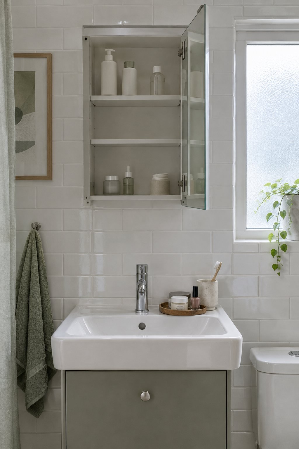 A small bathroom with the mirror cabinet open, half the shelf cleared and a small tray of set-aside items in clear morning light