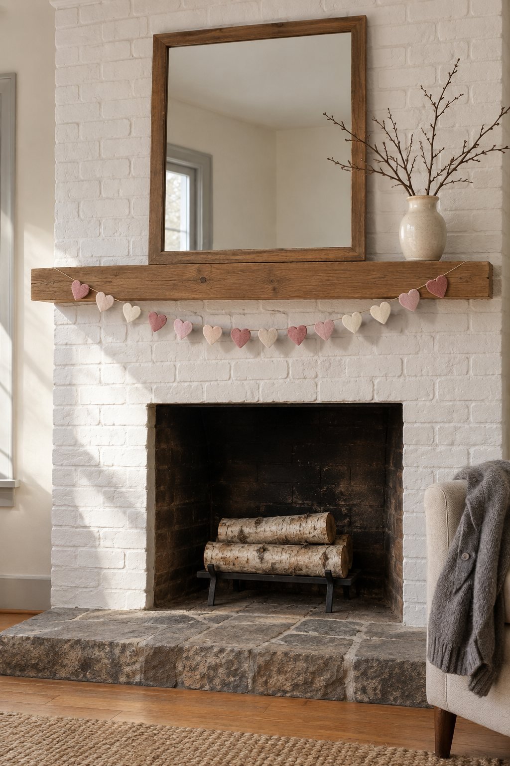 Valentines mantle decor with one garland of small felt hearts in dusty rose, soft pink and cream on a white painted brick fireplace with a leaning mirror