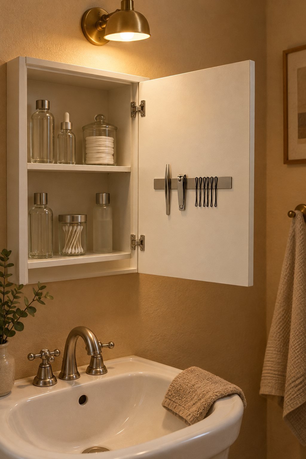 An 8 inch stainless steel magnetic strip inside a bathroom cabinet door holding tweezers, bobby pins and nail clippers