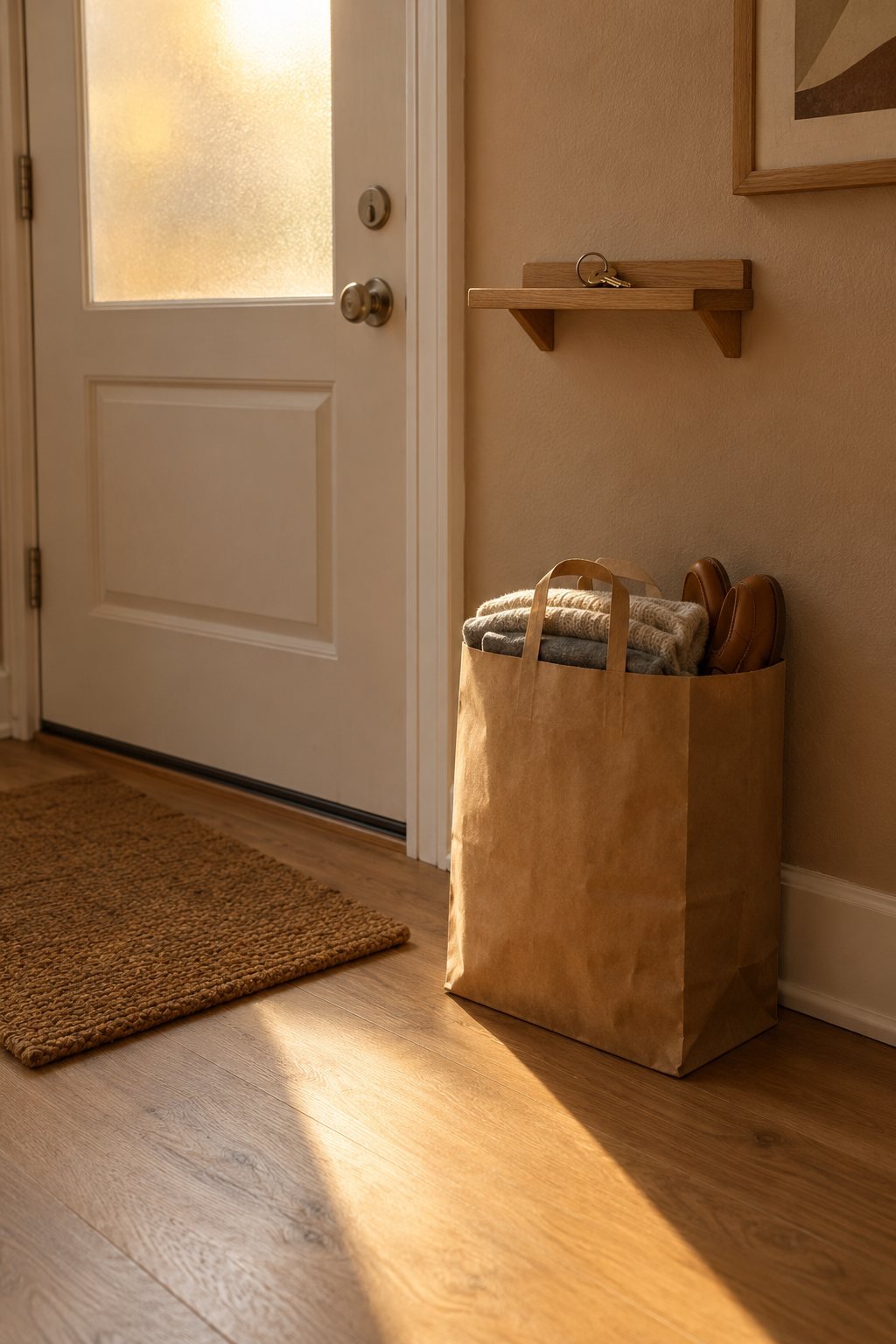 Declutter your home with a donation bag: a plain kraft paper bag of folded clothes and shoes on the floor beside the front door of a small rental entry