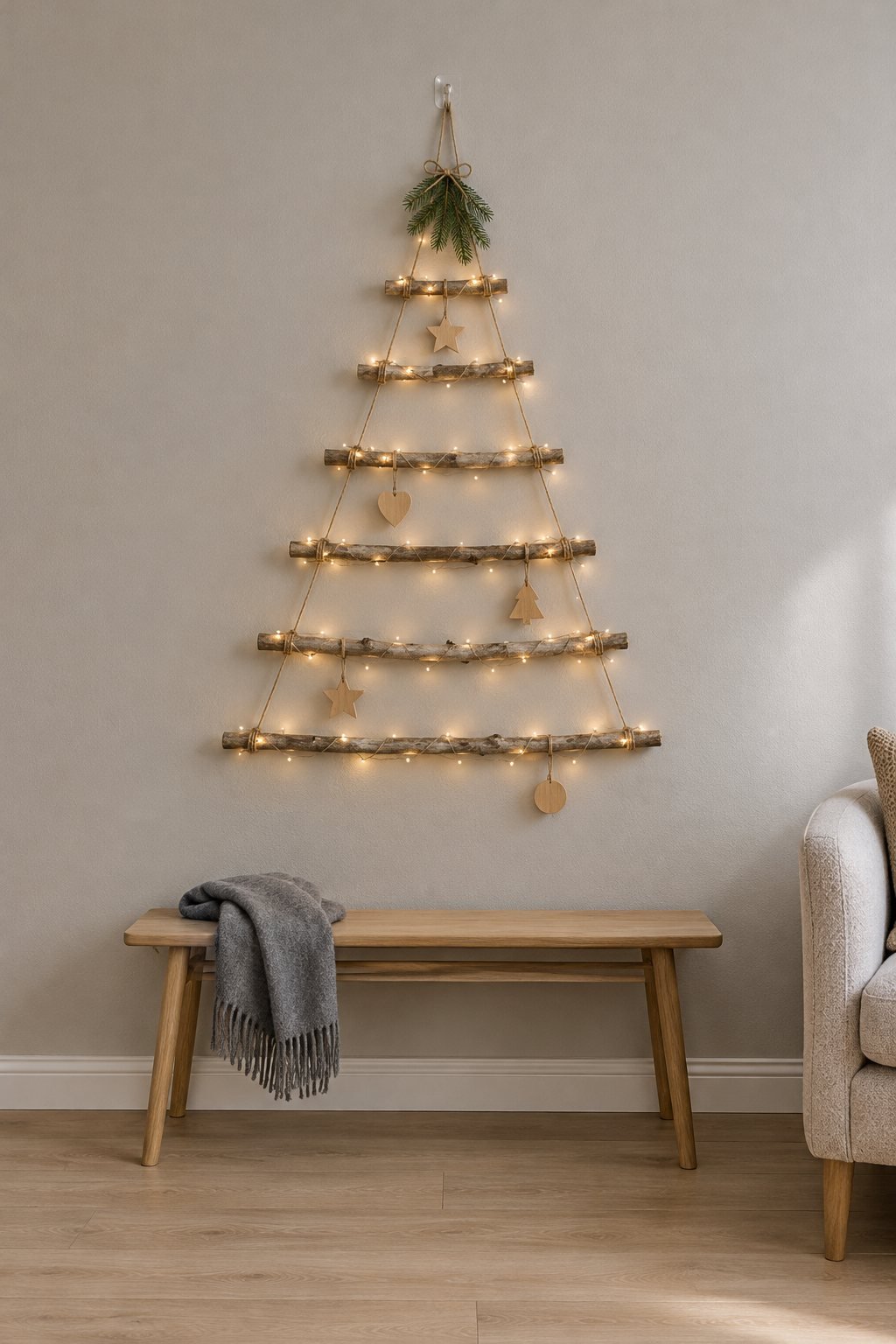 Small space Christmas tree made from graduated branches tied with twine, hung on a wall above a bench and wound with warm white fairy lights