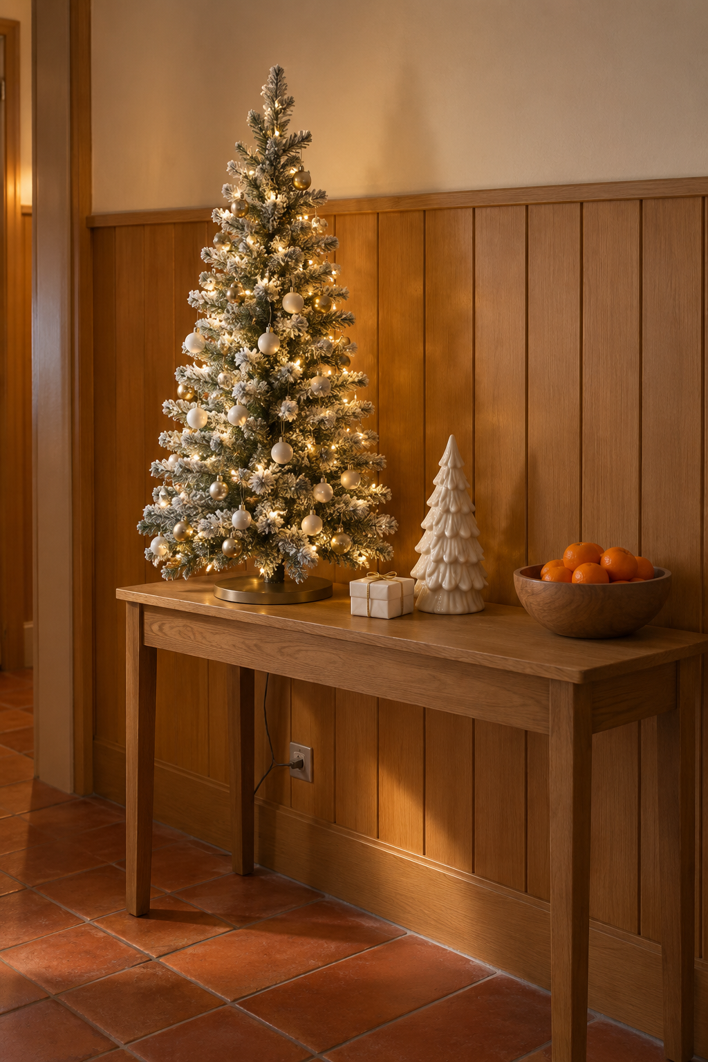 Small tabletop white Christmas tree on an entryway console: 3 foot flocked pre-lit tree with mini white and gold ornaments, an ivory ceramic tree figure and a bowl of clementines